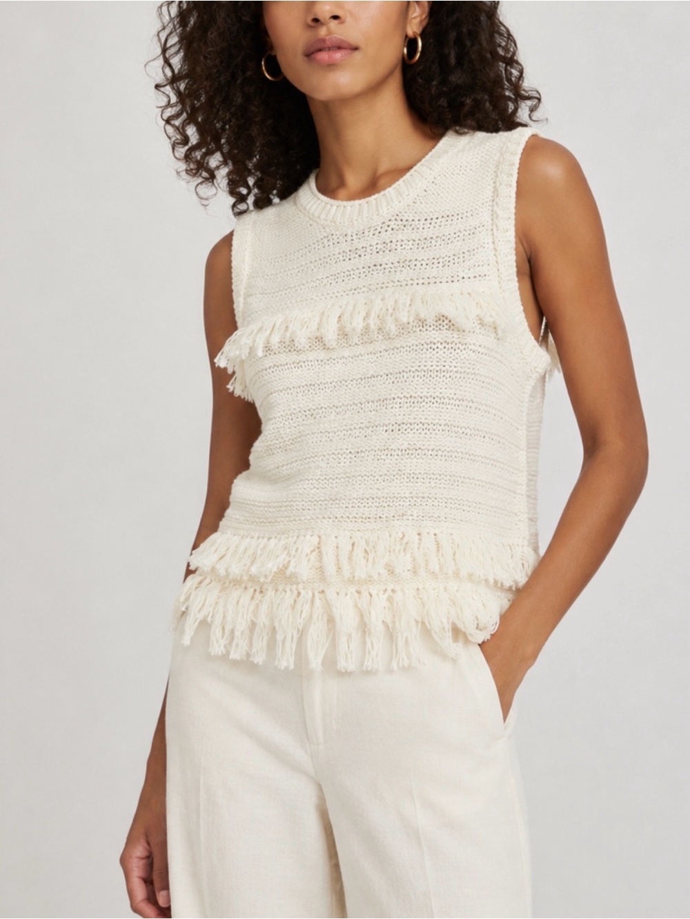 Club Monaco Knitted Sleeveless Sweater with Fringe Accents